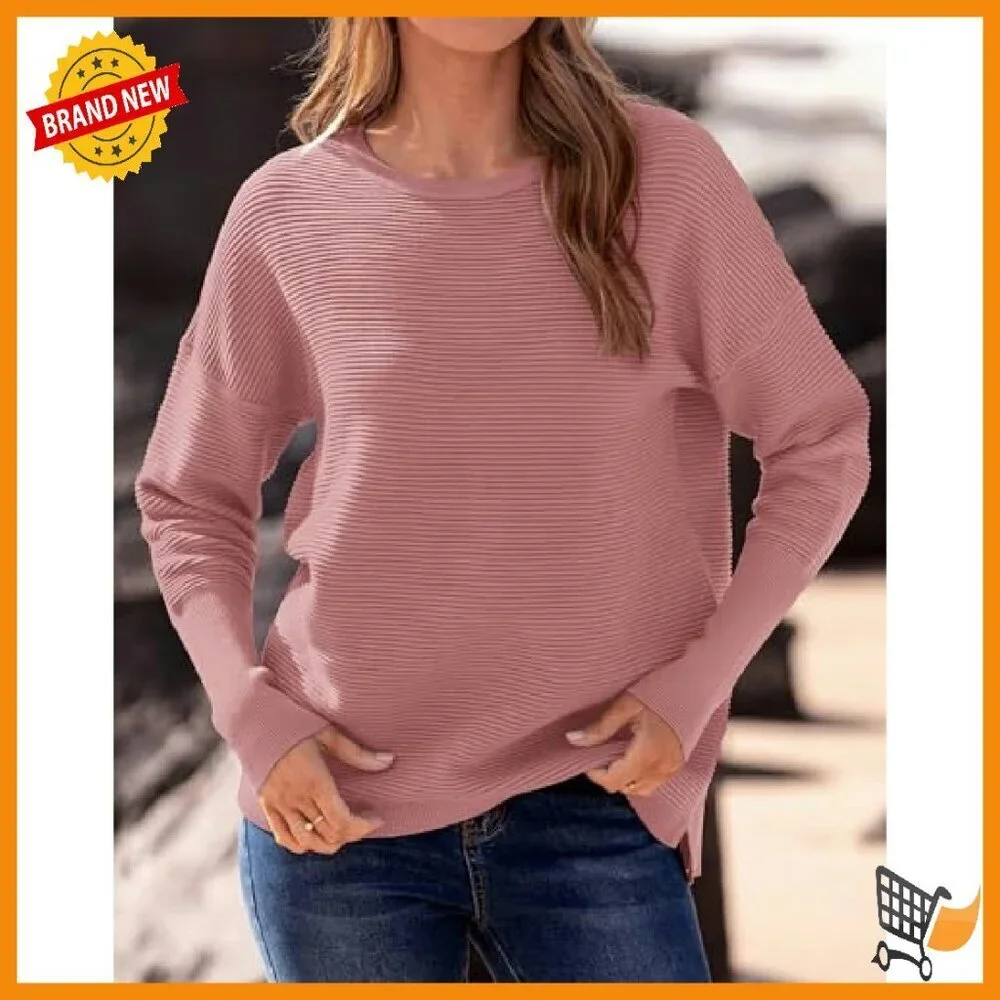 Cozy Ribbed Knit Pullover Sweater Loose Fit Batwing Sleeves Side Slits